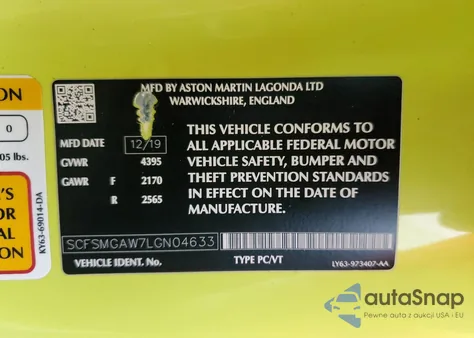 2020 Aston Martin Vantage z USA, uszkodzony, nr VIN SCFSMGAW7LGN04633